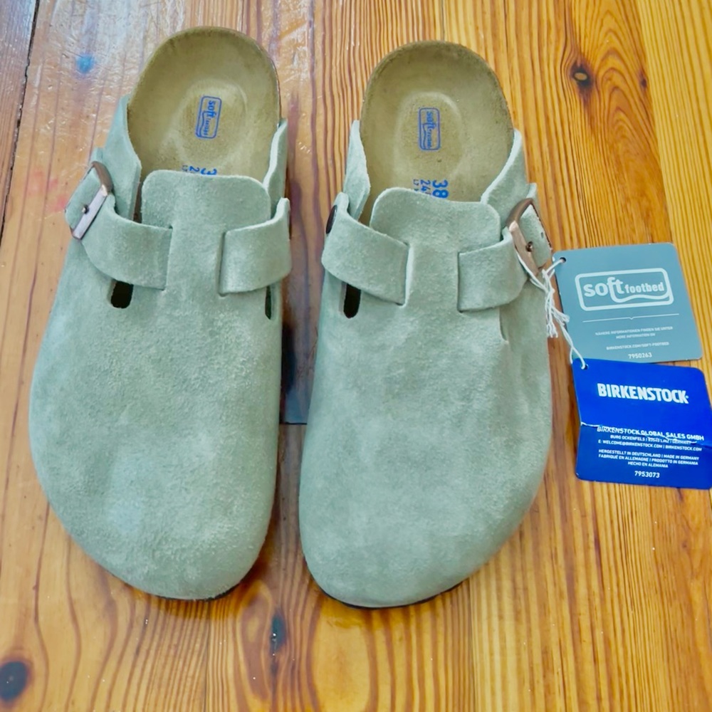 NWT Birkenstock Boston Soft Footbed Suede Leather Taupe Size 38 / 7 - 7.5